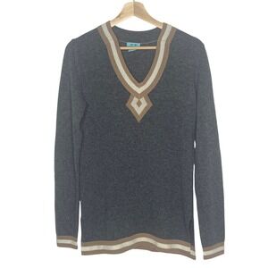 Two Bees Cashmere Grey V-Neck Varsity Stripe Sweater Small